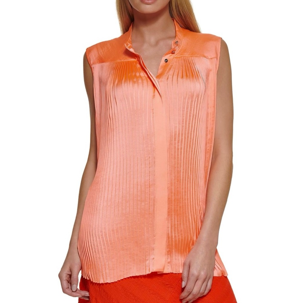 New DKNY Pleated Front Satin Sleeveless Button Down Top Spark Salmon Size Medium